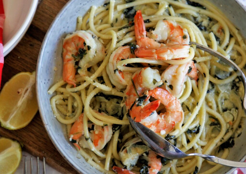 Creamy lemon Shrimp Bucatini - Loriana Shea Cooks